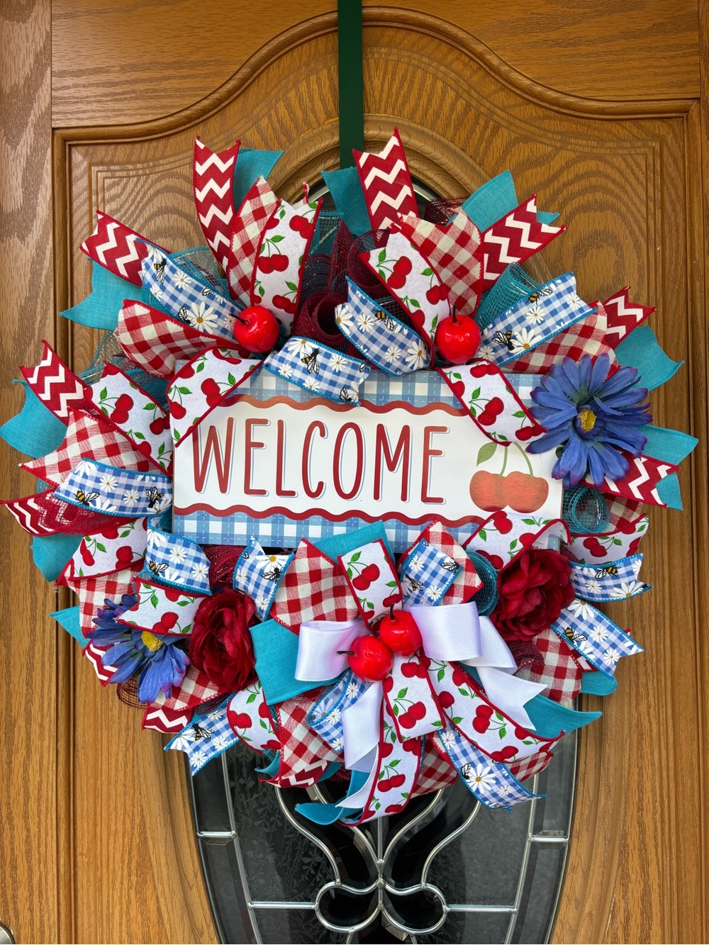 Welcome Cherry Holiday Door Wreath - Blue, Red & White